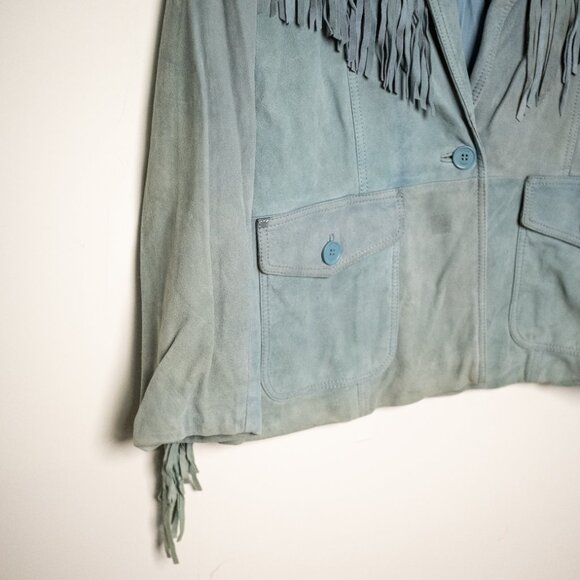 Maje blue Suede leather jacket with fringing - Picture 3 of 7